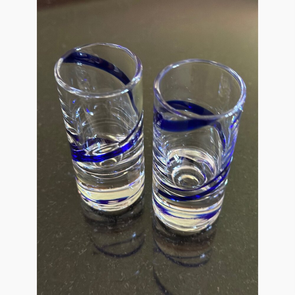 2 Shot Glasses with blue swirl